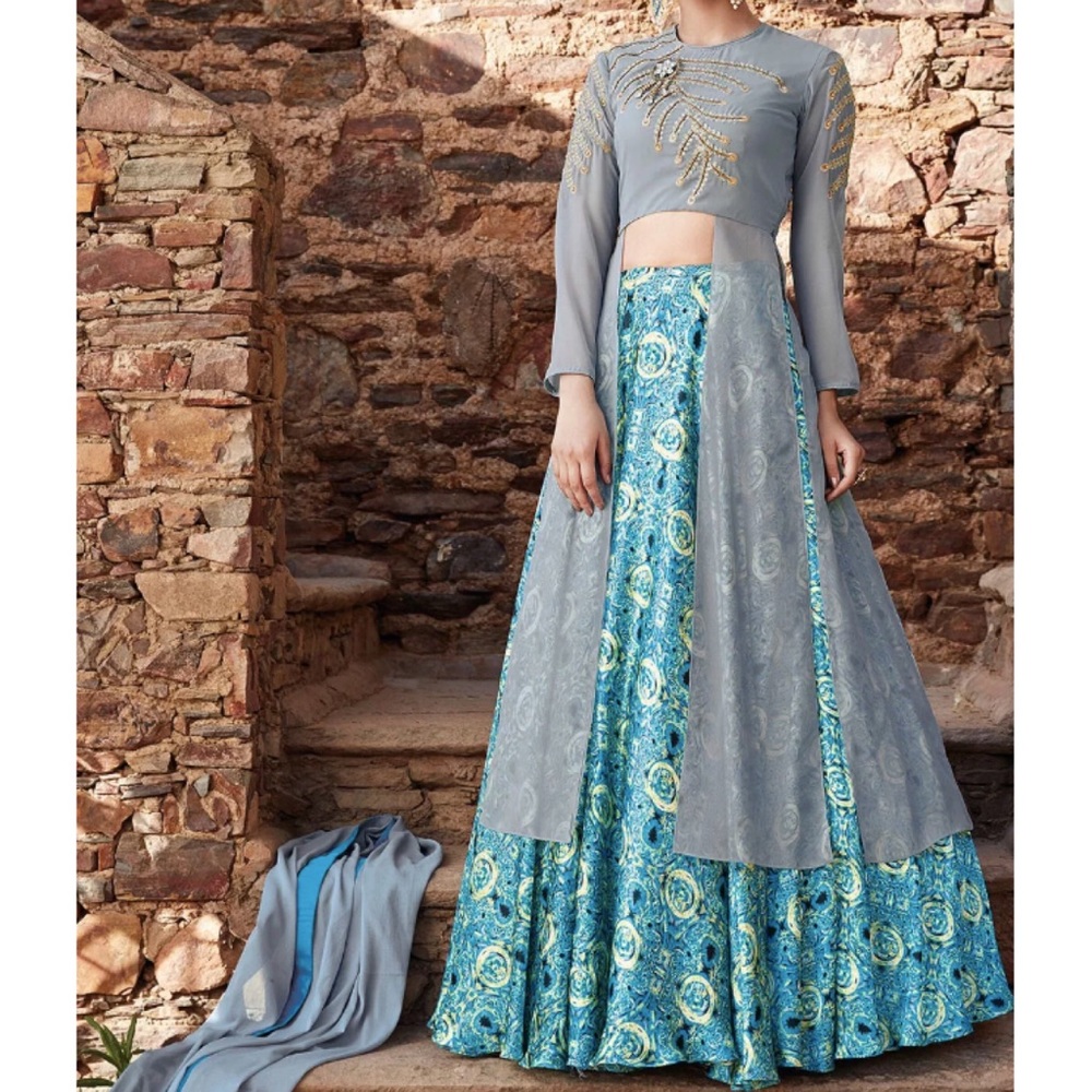 Grey Jacket Printed Lehenga Pakistani Indian